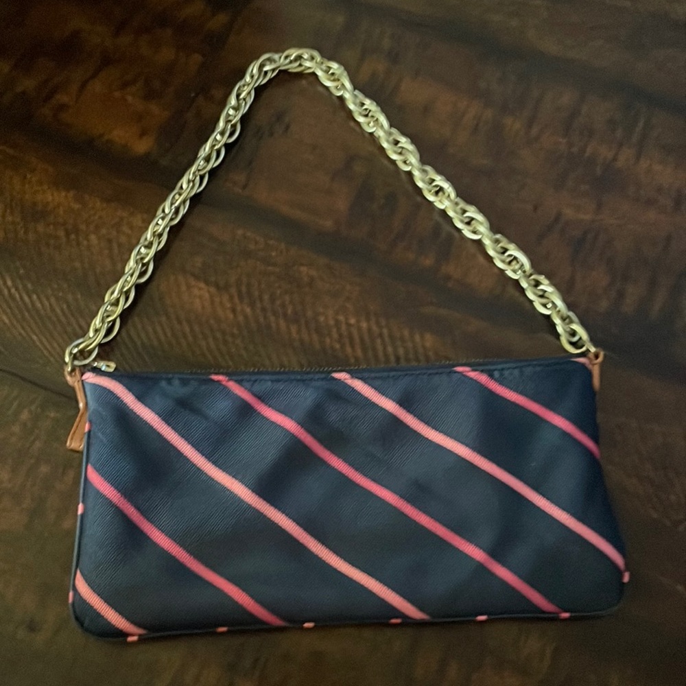 J. Crew Navy Clutch with Pink Diagonal Stripes and Gold Chain